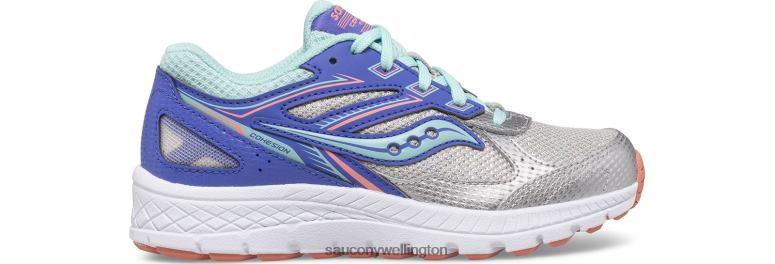 Saucony Kids Cohesion 14 Lace Sneaker Silver/Periwinkle/Turq 0066X934